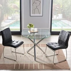 3 Pieces, Dining Tables For 2, 1 Round Glass Dining Room Table And 2 Faux Leather Kitchen Chairs, Chrome Metal Legs, Comfortable Upholstered Seat And Back, Set For Waiting Room, Living Room, Office -Amazon Store 51Gi3lX2fqL. AC
