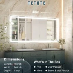 TETOTE 48 X 24 Bathroom LED Mirror Bedroom LED Mirror Bathroom Mirror With Lights Home Decor Vanity Makeup Mirror Dimmable Anti-Fog Wall Mounted Birthday Gift Wedding Gift Double Sink -Amazon Store 51GkHuQpSOL