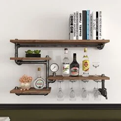 Industrial Pipe Shelf Wine Rack Wall Mounted With 4 Stem Glass Holder,Rustic Metal Floating Bar Shelves Wall Shelf Unit For Kitchen/Living Room/Home