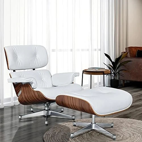 GENERIC Mid Century Lounge Chair With Ottoman, Genuine Leather Classic Modern Chair With 8-Layer Palisander Wood And Aluminum Base For Living Room Office Study Lounge (Palisander And White, Standard Size) 13 GENERIC Mid Century Lounge Chair With Ottoman, Genuine Leather Classic Modern Chair With 8-Layer Palisander Wood And Aluminum Base For Living Room Office Study Lounge (Palisander And White, Standard Size) - Image 11