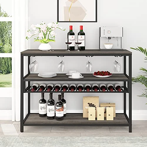LVB Wine Rack Table, Liquor Bar Cabinet Freestanding Floor, Wooden Rustic Wine Storage With Wine Shelf And Glass Holder, Metal And Wood Modern Wine Cabinet For Home With Bottle Rack, Dark Gray Oak 4 LVB Wine Rack Table, Liquor Bar Cabinet Freestanding Floor, Wooden Rustic Wine Storage With Wine Shelf And Glass Holder, Metal And Wood Modern Wine Cabinet For Home With Bottle Rack, Dark Gray Oak - Image 2