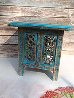 SUNDERSHALA Mango Antique Wooden Square Shape Hand Carving Foldable Coffee Stool For Adults Indoor & Outdoor, Garden Patio Backyard (Blue, 12.76 X 12.68 X 5.55 Inches) -Amazon Store 51H5QqsaYxL