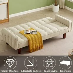 Betoko Linen Futon Sofa Couch 73.6" Fabric Upholstered Convertible Sofa Bed Minimalist Button Tufted Small 3 Seater Sleeper Futon Couch Set For Living Room Bedroom (Beige) -Amazon Store 51H7AF5fHSL