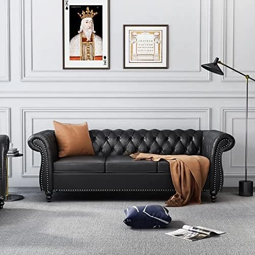 Chesterfield Sofa For Living Room, 3 Seater Sofa Couch Faux Leather Fabric Home Seating Couch Sofa For Home Furniture (Black) 11 Chesterfield Sofa For Living Room, 3 Seater Sofa Couch Faux Leather Fabric Home Seating Couch Sofa For Home Furniture (Black) - Image 9