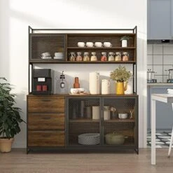AIEGLE Large Kitchen Hutch Storage Cabinet, Pantry Cabinets With Hutch, Metal Frame Cupboard With Mesh Door, Drawer & Microwave Shelf, Freestanding Kitchen Storage, Rustic (59" W X 15.7" D X 68.5" H) -Amazon Store 51HHzWl5H7L. AC