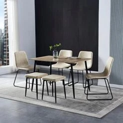 Hanway Modern Dining Table Set For 6 | 4 Chairs + 2 Benches | Upholstered Seats | Rectangular Kitchen & Living Room Furniture | Metal Legs | Faux-Leather | Stylish Home Décor Piece (Black Chair) -Amazon Store 51HK5s7BLlL. AC