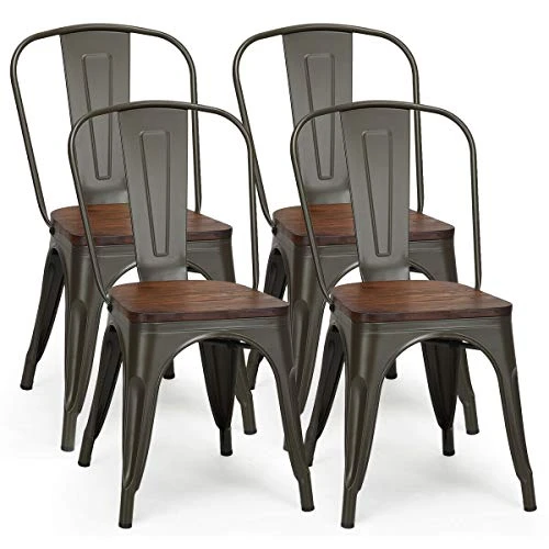 COSTWAY 18 Inch Dining Chair Set Of 4, Industrial Vintage Stackable Metal Chairs, Counter Bar Chairs With High Backrest, Wood Seat, For Home, Kitchen And Cafe Bar Use 3 COSTWAY 18 Inch Dining Chair Set Of 4, Industrial Vintage Stackable Metal Chairs, Counter Bar Chairs With High Backrest, Wood Seat, For Home, Kitchen And Cafe Bar Use