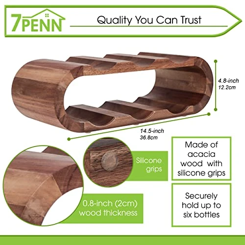 7Penn Wooden Countertop Wine Rack - 6 Bottle Horizontal Acacia Wood Wine Storage Rack Wine Holder Stands For Counter 4 7Penn Wooden Countertop Wine Rack - 6 Bottle Horizontal Acacia Wood Wine Storage Rack Wine Holder Stands For Counter - Image 2