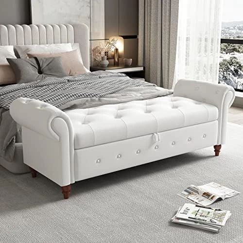 LUCKHAO 63" Tufted Storage Bench For Bedroom End Of Bed,Upholstered Storage Ottoman Bench For Bedroom,Rolled Arm Window Bench Seatwith With Solid Wood Legs(Grey) 12 LUCKHAO 63" Tufted Storage Bench For Bedroom End Of Bed,Upholstered Storage Ottoman Bench For Bedroom,Rolled Arm Window Bench Seatwith With Solid Wood Legs(Grey) - Image 10