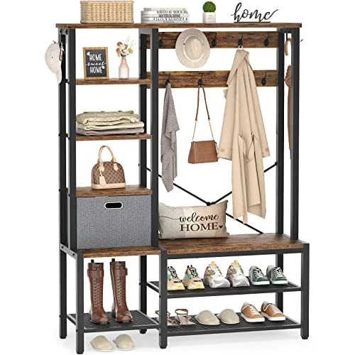 Aheaplus Hall Tree With Storage Bench, Coat Rack, 5-Tier Shelves, Fabric Storage Basket, Side Hooks, 71’’ Industrial 5 In 1 Large Organizer, Wood Look Accent Furniture-Sturdy Metal Frame, Rustic Brown 3 Aheaplus Hall Tree With Storage Bench, Coat Rack, 5-Tier Shelves, Fabric Storage Basket, Side Hooks, 71’’ Industrial 5 In 1 Large Organizer, Wood Look Accent Furniture-Sturdy Metal Frame, Rustic Brown