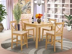 East West Furniture PUBS5-OAK-C 5 Piece Counter Height Dining Set Includes A Square Dinette Table And 4 Linen Fabric Kitchen Dining Chairs, 36x36 Inch, Oak