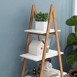 Knocbel 4-Tier Bamboo Ladder Shelf Storage Shelves Display Rack, Bookcase Plant Flower Pots Stand, 22 Lbs Capacity Of Each Tier, 31.49" L X 11.73" W X 53.54" H (White And Brown) -Amazon Store 51HY2zftDnL