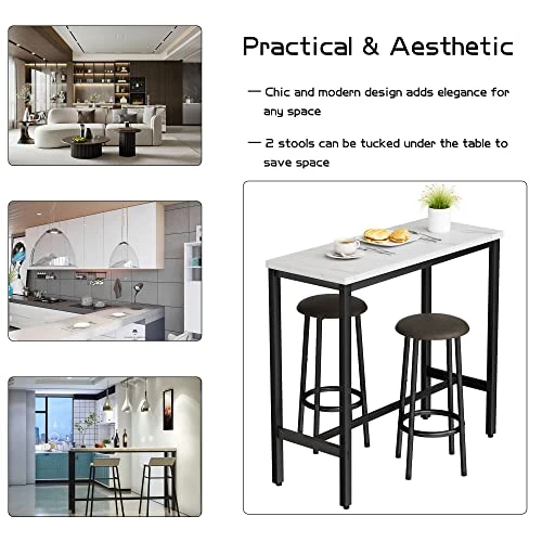DKLGG Bar Table Set, Rectangular Counter Height Dining Table Set With Faux Marble Tabletop And 2 Bar Stools, 3-Piece Pub Dining Coffee Table Set For Small Spaces, Breakfast Nook, Dining Room- White 7 DKLGG Bar Table Set, Rectangular Counter Height Dining Table Set With Faux Marble Tabletop And 2 Bar Stools, 3-Piece Pub Dining Coffee Table Set For Small Spaces, Breakfast Nook, Dining Room- White - Image 5