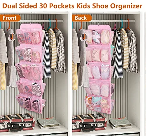 AOODA Hanging Kids Shoe Organizer For Closet Rod Double Sided 30 Large Pockets Baby Shoe Rack For Toddler Shoe Holder With Rotating Hanger For Barbie, Baby Nursery, (Pink) 4 AOODA Hanging Kids Shoe Organizer For Closet Rod Double Sided 30 Large Pockets Baby Shoe Rack For Toddler Shoe Holder With Rotating Hanger For Barbie, Baby Nursery, (Pink) - Image 2
