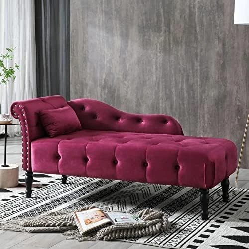KIVENJAJA Velvet Chaise Lounge Indoor, 60” Tufted Upholstered Lounge Chair With Pillow & Rolled Arm Nailhead Trim For Bedroom Living Room Office, Burgundy 8 KIVENJAJA Velvet Chaise Lounge Indoor, 60” Tufted Upholstered Lounge Chair With Pillow & Rolled Arm Nailhead Trim For Bedroom Living Room Office, Burgundy - Image 6