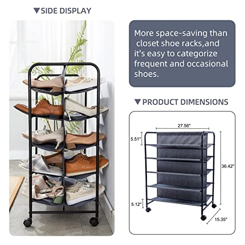 UHSTORAGE Shoe Rack With Rolling Wheels, Double Capacity Casual Shoe Rack Organizer Up To 30 Pairs, 5 Tier Vertical Durable Fabric Shoes Storage With Metal Frame, Grey (Dark Grey) 6 UHSTORAGE Shoe Rack With Rolling Wheels, Double Capacity Casual Shoe Rack Organizer Up To 30 Pairs, 5 Tier Vertical Durable Fabric Shoes Storage With Metal Frame, Grey (Dark Grey) - Image 4