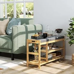URKNO Shoe Bench, Entryway Bench With Storage, 3-Tier Bamboo Shoe Rack Bench With Padded Seat, Shoe Organizer For Entryway, Bedroom, Bathroom, 36" L X 11.4" D X 19.7" H, Natural -Amazon Store 51IGYEJTsJL