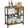URKNO Bar Cart For Home, Mobile Kitchen Baker's Rack With Drawer, Industrial Wine Cart Microwave Stands With Wine Rack, Glass Holder, Hooks, Rustic Brown