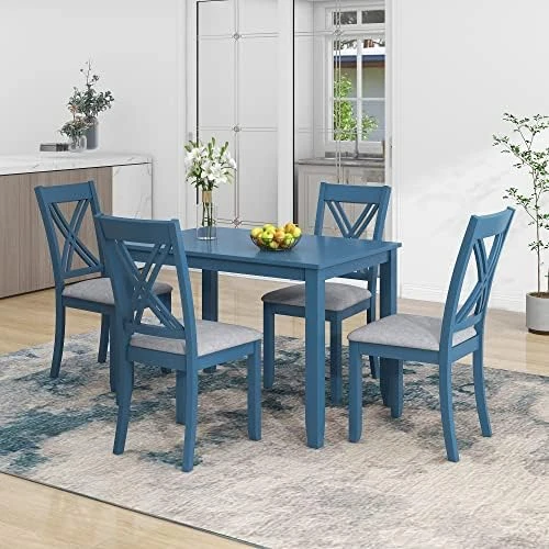 Merax Mid-Century 5 Piece Dining Table Set With Chairs For 4 People, Home Kitchen Wooden Furniture, Antique Oak+Antique Blue 13 Merax Mid-Century 5 Piece Dining Table Set With Chairs For 4 People, Home Kitchen Wooden Furniture, Antique Oak+Antique Blue - Image 11