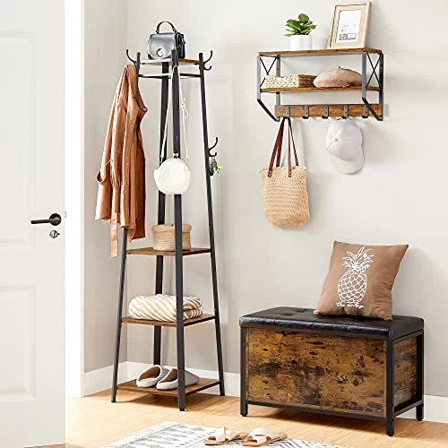 VASAGLE ALINRU Coat Rack With 3 Shelves, Stand With Hooks For Scarves, Bags And Umbrellas, Steel Frame, Industrial Style, Rustic Brown And Black ULCR80X 4 VASAGLE ALINRU Coat Rack With 3 Shelves, Stand With Hooks For Scarves, Bags And Umbrellas, Steel Frame, Industrial Style, Rustic Brown And Black ULCR80X - Image 2