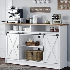 4ever2buy Coffee Bar Cabinet With Storage, Farmhouse Sideboard Buffet Cabinet With Sliding Barn Door, 52'' Kitchen Cabinet With Adjustable Shelves, White Coffee Bar Table For Living Dining Room -Amazon Store 51IpCbtlZbL