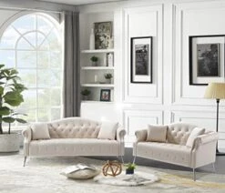 HomSof 2 Pieces Velvet Living Room Set, Classic Chesterfield Sofa Loveseat And 3 Couch With Button Tufted And Rolled Arms, 4 Pillows Included, 5 Seater, Beige(5-Seater) -Amazon Store 51IwvN 5TaL. AC