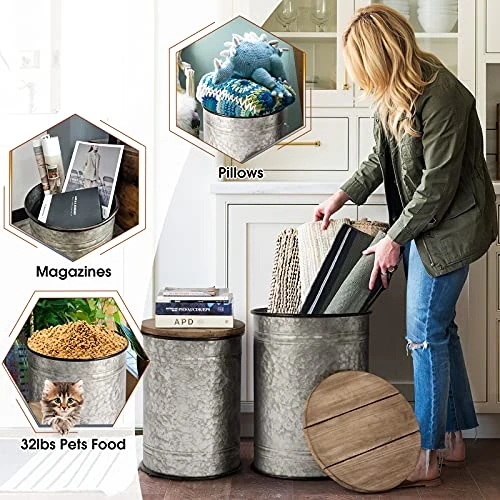 Oneinmil Rustic Storage Bins Farmhouse End Table Farmhouse Furniture Galvanized Metal Stool Ottoman Seat With Round Wood Lid Set Of 2 4 Oneinmil Rustic Storage Bins Farmhouse End Table Farmhouse Furniture Galvanized Metal Stool Ottoman Seat With Round Wood Lid Set Of 2 - Image 2