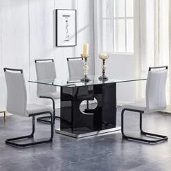 Pvillez Contemporary Glass Dining Table For 6, 63" Tempered Glass Top Dining Table W/High Gloss Wood Frame, Stainless Steel Pedestal Base, Rectangular Glass Dinner Kitchen Table For Dining Room Black -Amazon Store 51J6R7uO32L. AC