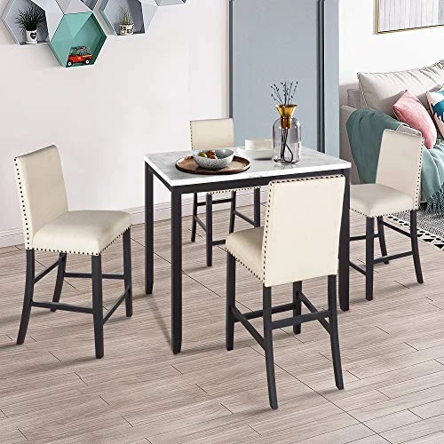 Merax 5-Piece Wooden Dining Set, Faux Marble Top Counter Height Dining Room Table And 4 PU Leather-Upholstered Dining Chairs With Footrest, Beige 3 Merax 5-Piece Wooden Dining Set, Faux Marble Top Counter Height Dining Room Table And 4 PU Leather-Upholstered Dining Chairs With Footrest, Beige