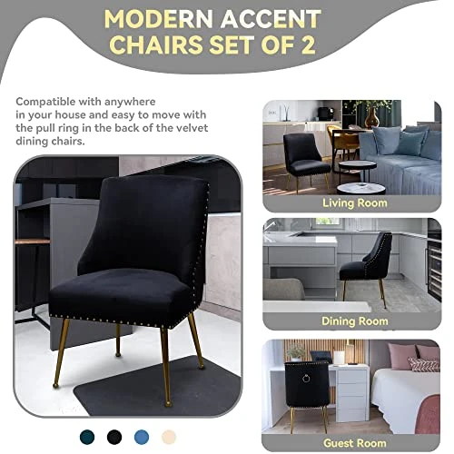 SEYNAR Dining Chairs, Comfortable Modern Kitchen Chairs With Gold Legs, Fabric Upholstered Dining Room Chairs, Accent Chairs Set Of 2, Tufted Velvet Chair For Kitchen Dining Room Guest Room(Black) 4 SEYNAR Dining Chairs, Comfortable Modern Kitchen Chairs With Gold Legs, Fabric Upholstered Dining Room Chairs, Accent Chairs Set Of 2, Tufted Velvet Chair For Kitchen Dining Room Guest Room(Black) - Image 2