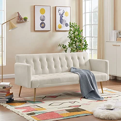 72"Modern Velvet Sofa Bed Futon,Convertible Folding Sleeper Bed Couches With 3 Adjustable Backrests,Tufted Recliner Love Seat With Golden Chrome Legs For Living Room Apartment Home Office (Beige) 4 72"Modern Velvet Sofa Bed Futon,Convertible Folding Sleeper Bed Couches With 3 Adjustable Backrests,Tufted Recliner Love Seat With Golden Chrome Legs For Living Room Apartment Home Office (Beige) - Image 2