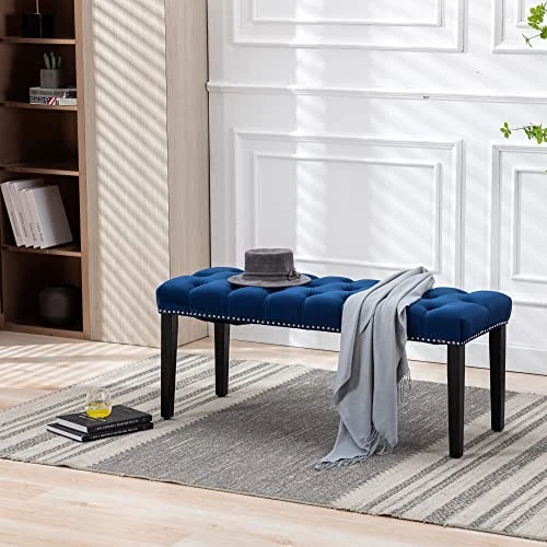Yoluckea Modern Velvet Bench Upholstered Ottoman Dining Bench With Nailhead Trim Tufted Footstool For Entryway Bedroom Kitchen Dining Table (Blue) 3 Yoluckea Modern Velvet Bench Upholstered Ottoman Dining Bench With Nailhead Trim Tufted Footstool For Entryway Bedroom Kitchen Dining Table (Blue)