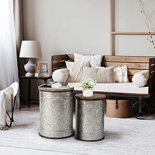 Oneinmil Rustic Storage Bins Farmhouse End Table Farmhouse Furniture Galvanized Metal Stool Ottoman Seat With Round Wood Lid Set Of 2 5 Oneinmil Rustic Storage Bins Farmhouse End Table Farmhouse Furniture Galvanized Metal Stool Ottoman Seat With Round Wood Lid Set Of 2 - Image 3