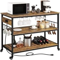 Yaheetech Kitchen Island With Power Outlet, Rolling Kitchen Cart With Wine Rack & Glass Holder & Hooks, Coffee Station Microwave Stand Wine Rack Table For Kitchen/Dinning Room, Rustic Brown -Amazon Store 51JqpSKnrIL. AC
