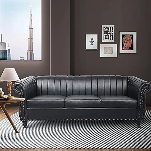 Chesterfield Sofa For Living Room, 3 Seater Sofa Couch Faux Leather Fabric Home Seating Couch Sofa For Home Furniture (Black) 3 Chesterfield Sofa For Living Room, 3 Seater Sofa Couch Faux Leather Fabric Home Seating Couch Sofa For Home Furniture (Black)