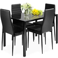 Giantex 5 Pcs Dining Table Set For 4, Modern Glass Tabletop Kitchen Table And Chairs, Rectangular Metal Frame Table With Leather Padded 4 Seats For Small Spaces Apartment
