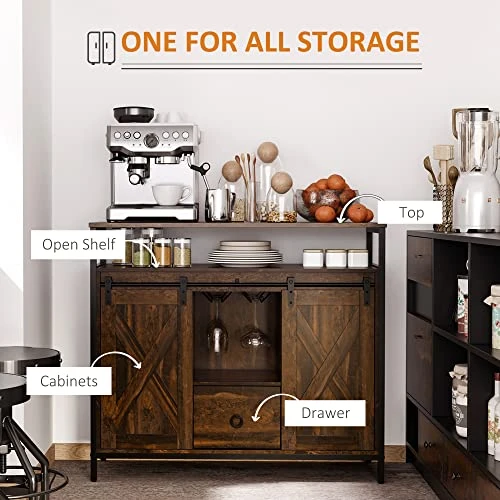 HOMCOM Industrial Sideboard Buffet Cabinet, Kitchen Cabinet With Sliding Barn Doors, Coffee Bar Cabinet With Stemware Racks, Drawer And Adjustable Shelves For Living Room, Home Bar, Rustic Brown 6 HOMCOM Industrial Sideboard Buffet Cabinet, Kitchen Cabinet With Sliding Barn Doors, Coffee Bar Cabinet With Stemware Racks, Drawer And Adjustable Shelves For Living Room, Home Bar, Rustic Brown - Image 4