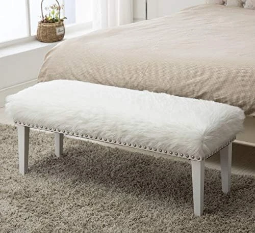 Modern White Faux Fur Ottoman Bench Upholstered Bench For Bedroom/Living Room/Entryway Decorative Accent Bench With Gold Metal Legs 11 Modern White Faux Fur Ottoman Bench Upholstered Bench For Bedroom/Living Room/Entryway Decorative Accent Bench With Gold Metal Legs - Image 9