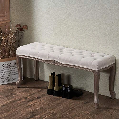 VONLUCE French Vintage Bench With Padded Seat & Rubberwood Legs, 44" Upholstered Entryway Bench & Dining Bench, Tufted Fabric End Of Bed Bench For Bedroom Living Room Hallway More, Beige 4 VONLUCE French Vintage Bench With Padded Seat & Rubberwood Legs, 44" Upholstered Entryway Bench & Dining Bench, Tufted Fabric End Of Bed Bench For Bedroom Living Room Hallway More, Beige - Image 2