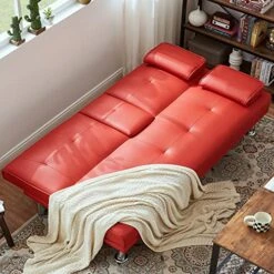 Recaceik Futon Sofa Bed Faux Leather Couch Convertible Folding Sleeper Sofa With Upholstered Removable Armrest Metal Leg And 2 Cupholders, Space Saving Furniture Couches For Living Room Apartment -Amazon Store 51KPvW8SOTL