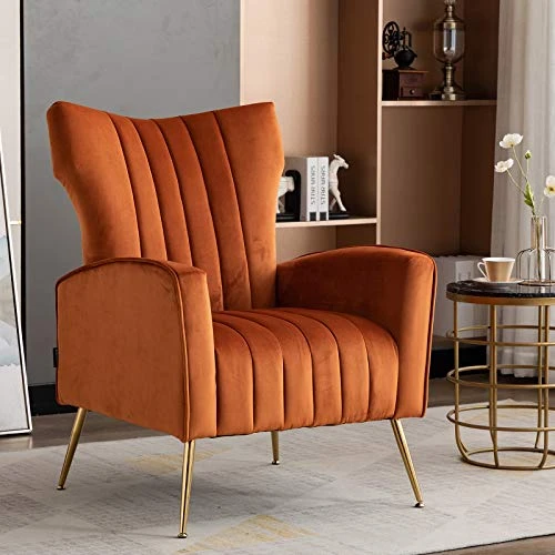 Artechworks Curved Tufted Accent Chair With Metal Gold Legs Velvet Upholstered Arm Club Leisure Modern Chair For Living Room Bedroom Patio, Caramel Color, Orange 3 Artechworks Curved Tufted Accent Chair With Metal Gold Legs Velvet Upholstered Arm Club Leisure Modern Chair For Living Room Bedroom Patio, Caramel Color, Orange