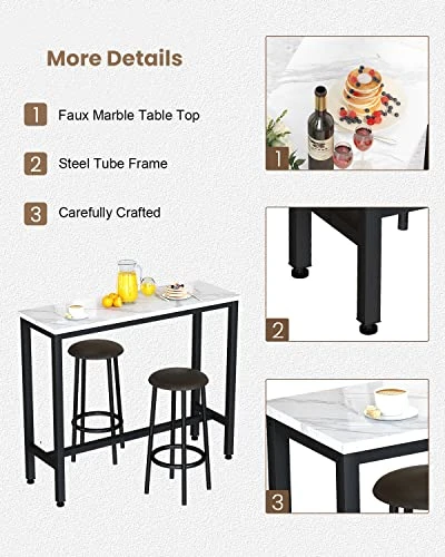 Recaceik Dining Table Set, 47.2” Rectangle Pub Dining Set Kitchen Table Set Bar Table With Stools, 3-Piece Breakfast Table Set With Metal Frame For Kitchen Dining Room W/ 2 Chairs - White 6 Recaceik Dining Table Set, 47.2” Rectangle Pub Dining Set Kitchen Table Set Bar Table With Stools, 3-Piece Breakfast Table Set With Metal Frame For Kitchen Dining Room W/ 2 Chairs - White - Image 4