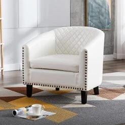 SSLine Modern White Leather Upholstered Accent Arm Chair Soft Barrel Club Chairs For Living Room Comfy Single Sofa Office Guest Chatting Chair With Solid Wood Legs And Nailhead For Bedroom (White) 26 SSLine Modern White Leather Upholstered Accent Arm Chair Soft Barrel Club Chairs For Living Room Comfy Single Sofa Office Guest Chatting Chair With Solid Wood Legs And Nailhead For Bedroom (White) -Amazon Store 51KjI dAogL. AC