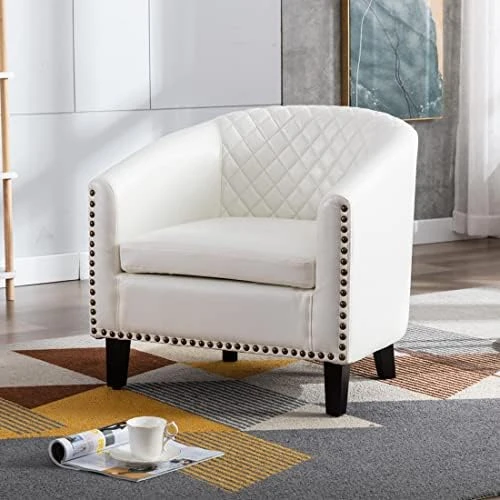 SSLine Modern White Leather Upholstered Accent Arm Chair Soft Barrel Club Chairs For Living Room Comfy Single Sofa Office Guest Chatting Chair With Solid Wood Legs And Nailhead For Bedroom (White) 12 SSLine Modern White Leather Upholstered Accent Arm Chair Soft Barrel Club Chairs For Living Room Comfy Single Sofa Office Guest Chatting Chair With Solid Wood Legs And Nailhead For Bedroom (White) - Image 10