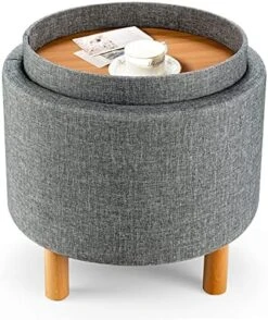 Giantex Round Storage Ottoman With Tray, Accent Storage Footstool W/ Soft Padding, Fabric Sitting Stool W/ Solid Wood Legs & Non-Slip Pads, Tray Top Coffee Table For Living Room, Bedroom (Grey) -Amazon Store 51Kk5 MUIL. AC