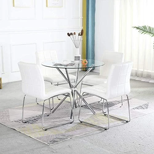 STYLIFING Modern Dining Table Chairs Set For 4 Kitchen Table And Chairs Set For Small Space Round Clear Tempered Glass Top Dining Room Table + 4 Grey Faux Leather Chairs Dining Room Set Of 5 Pieces 8 STYLIFING Modern Dining Table Chairs Set For 4 Kitchen Table And Chairs Set For Small Space Round Clear Tempered Glass Top Dining Room Table + 4 Grey Faux Leather Chairs Dining Room Set Of 5 Pieces - Image 6