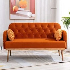 55-inch Small Velvet Couch With Elegant Moon Shape Pillows, Twin Size Loveseat Accent Sofa With Golden Metal Legs, Living Room Sofa With Tufted Backrest, 600 Pounds Weight Capacity, Orange -Amazon Store 51KrbLJ7p9L. AC