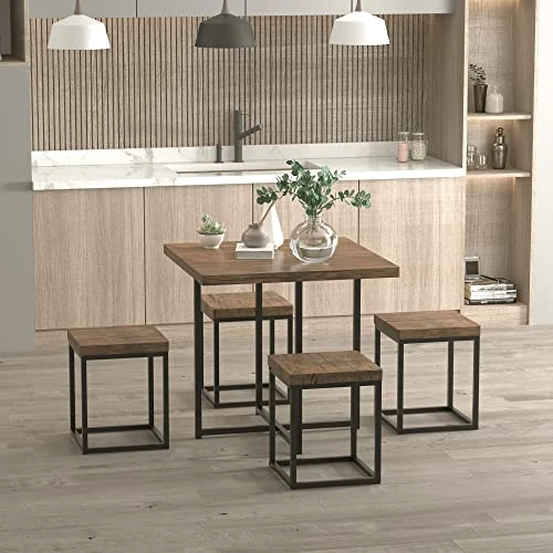 HOMCOM 5 Piece Dining Table Set For 4, Kitchen Table And Chairs For Breakfast Nook, Small Space, Apartment, Space Saving, Walnut Wood Color 6 HOMCOM 5 Piece Dining Table Set For 4, Kitchen Table And Chairs For Breakfast Nook, Small Space, Apartment, Space Saving, Walnut Wood Color - Image 4