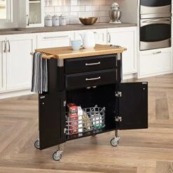 Home Styles Black Dolly Madison Prep And Serve Kitchen Cart With Natural Top, Locking Casters, Two Drawers, Two Storage Cabinets
