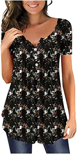 Going Out Tops For Women Floral Printed Hide Belly Tunic Blouses Casual V Neck Buttons Pullover Short Sleeve T-Shirts 11 Going Out Tops For Women Floral Printed Hide Belly Tunic Blouses Casual V Neck Buttons Pullover Short Sleeve T-Shirts - Image 9